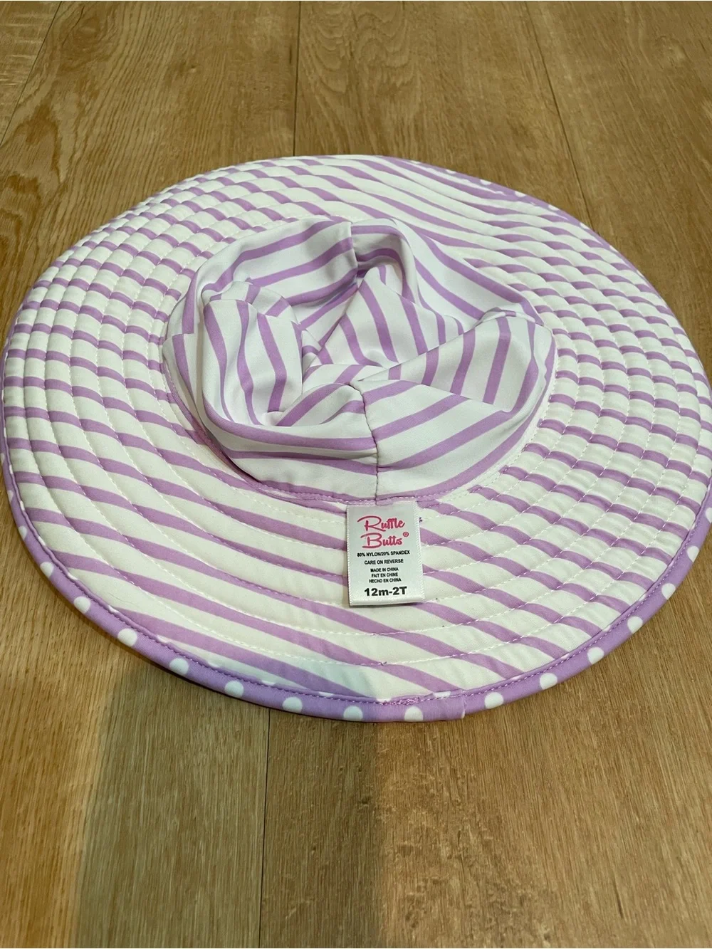 RuffleButts Girls Lavender White Polka Dot Wide Brim Sun Hat UPF Swim Beach 12M-